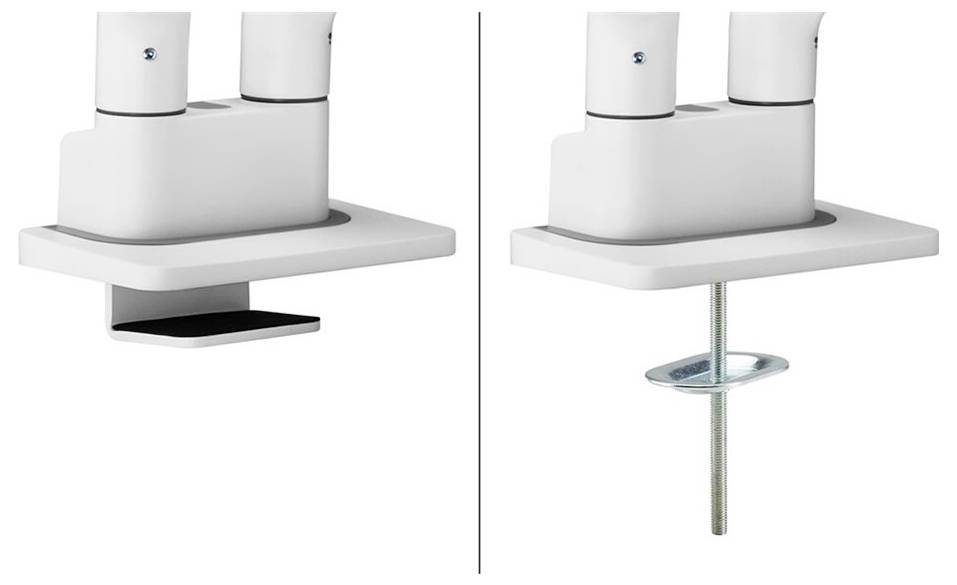 Zwei Bilder von Tischhalterungen aus Metall: links Klemme ohne Bohren, rechts Verschraubung mit durchgehendem Bolzen und Mutter.