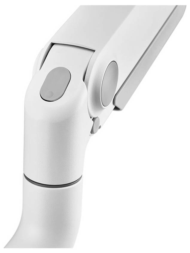 Ein detailreicher Teil eines weißen, sich bewegenden Mechanismus, möglicherweise eines Scharniers oder Gelenks, vor einem neutralen Hintergrund.