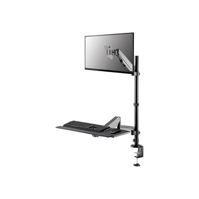 Höhenverstellbarer Monitorarm mit Tastaturablage und Maus, befestigt an einem Tisch, ermöglicht ergonomisches Arbeiten im Stehen oder Sitzen.