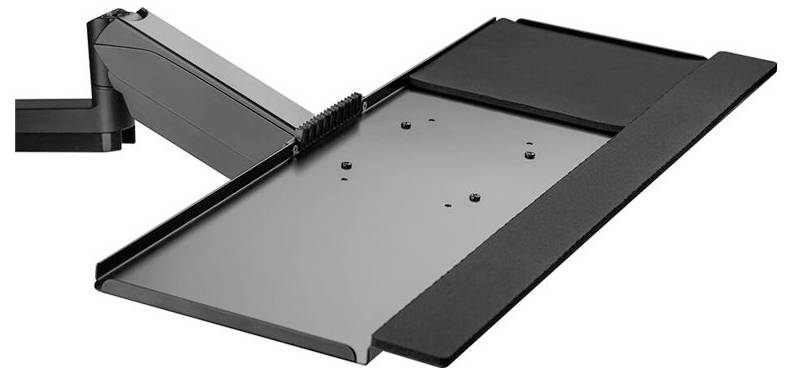 Eine schwarze Tastaturablage mit Arm zur ergonomischen Positionierung.
