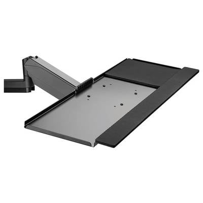 Eine schwarze Tastaturablage mit Arm zur ergonomischen Positionierung.