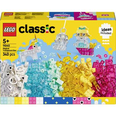 LEGO-Set 'Magische transparente Steine', geeignet ab 5 Jahren, enthält 340 Teile. Zeigt bunte transparente LEGO-Steine und Modelle.