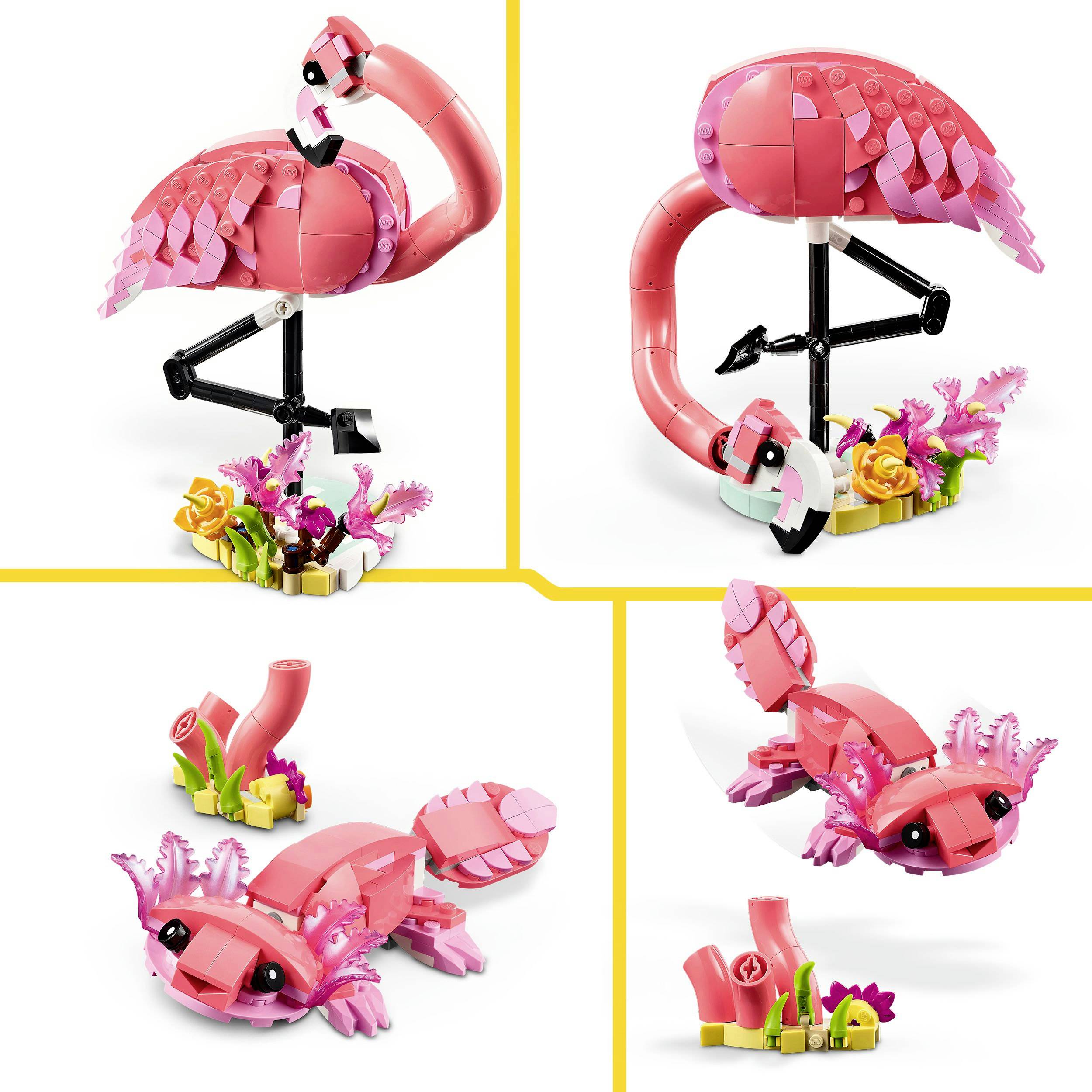 Zwei Lego-Tiere aus rosa Bausteinen: ein Flamingo und ein Axolotl, umgeben von bunten Lego-Pflanzen. Beide sind kreativ und detailliert gestaltet.