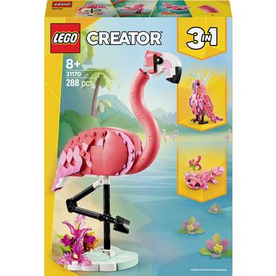 LEGO Creator 3-in-1 Set, zeigt Flamingo, tropisches Setting im Hintergrund. Enthält 288 Teile, geeignet ab 8 Jahren. Enthält auch Bauoptionen für Vogel und Fisch.