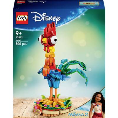 LEGO-Set mit einem bunten Hahn und tropischen Pflanzen auf einer kleinen Plattform. Empfohlenes Alter: 9+, 566 Teile. Disney Moana-Thema.
