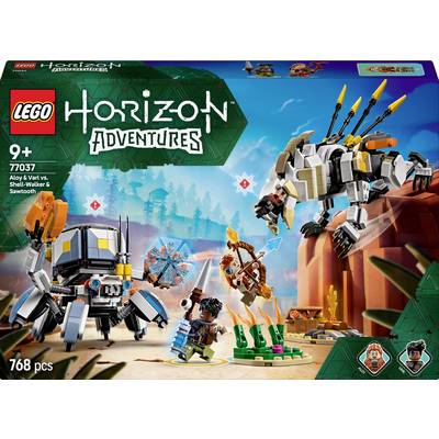 LEGO-Set mit Figuren und Maschinen aus der Horizon-Adventures-Serie. Enthält eine angreifende Maschine und menschliche Charaktere in Aktion.