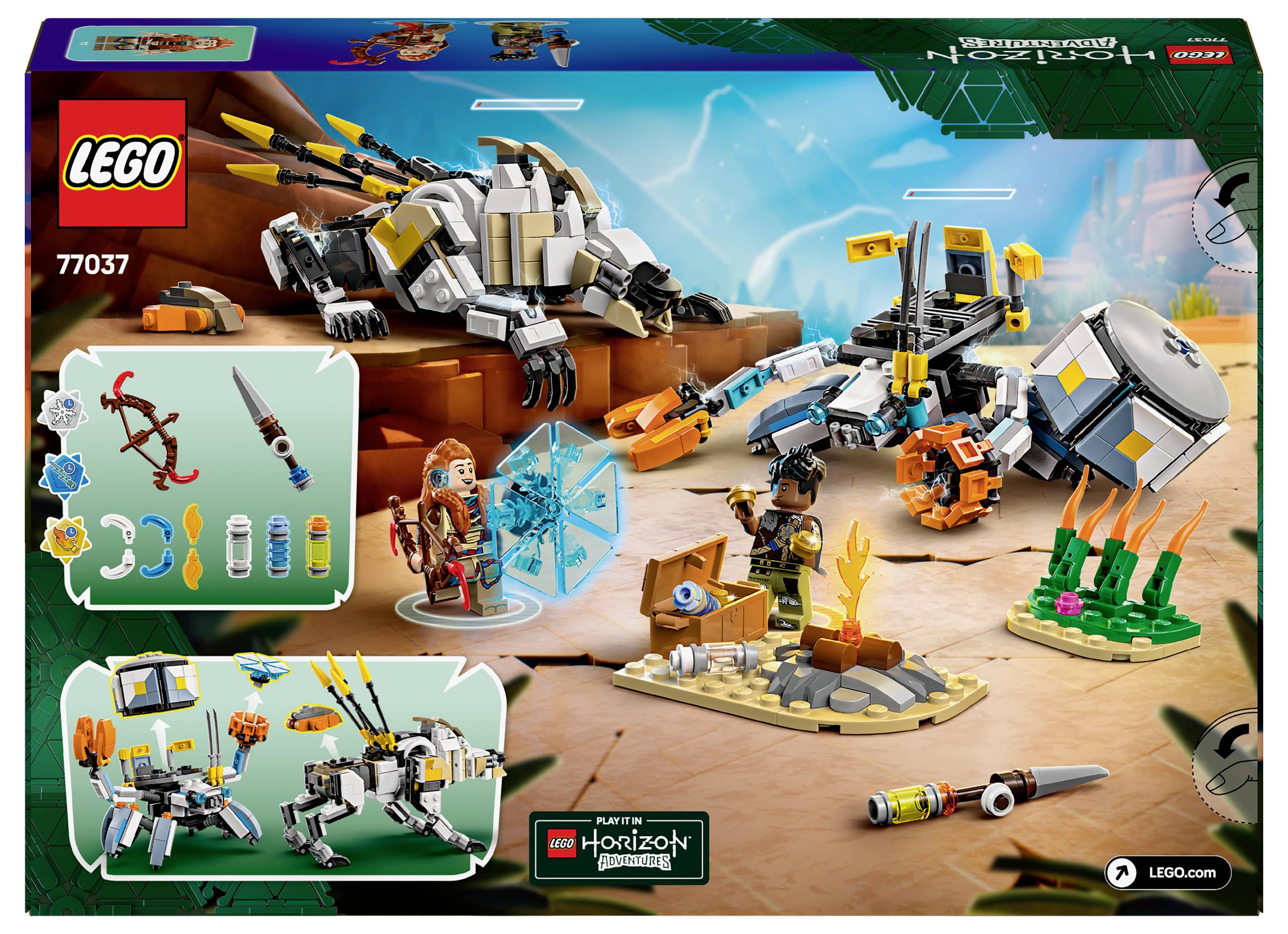 LEGO-Set mit roboterähnlichem Tier, Minifigur und Zubehör auf felsiger Landschaft. Enthält Bau- und Spielfunktionen zum Thema 'Horizon'.