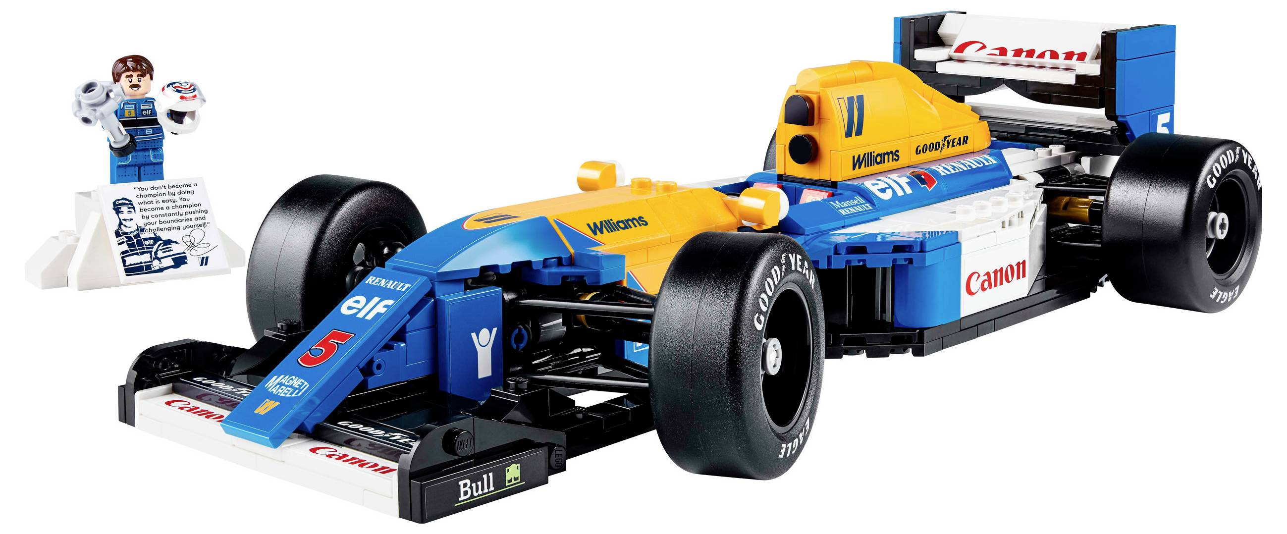 Lego-Modell eines Formel-1-Rennwagens in gelb und blau mit Sponsorenlogos. Beifigur eines Rennfahrers mit Helm und Trophäe.