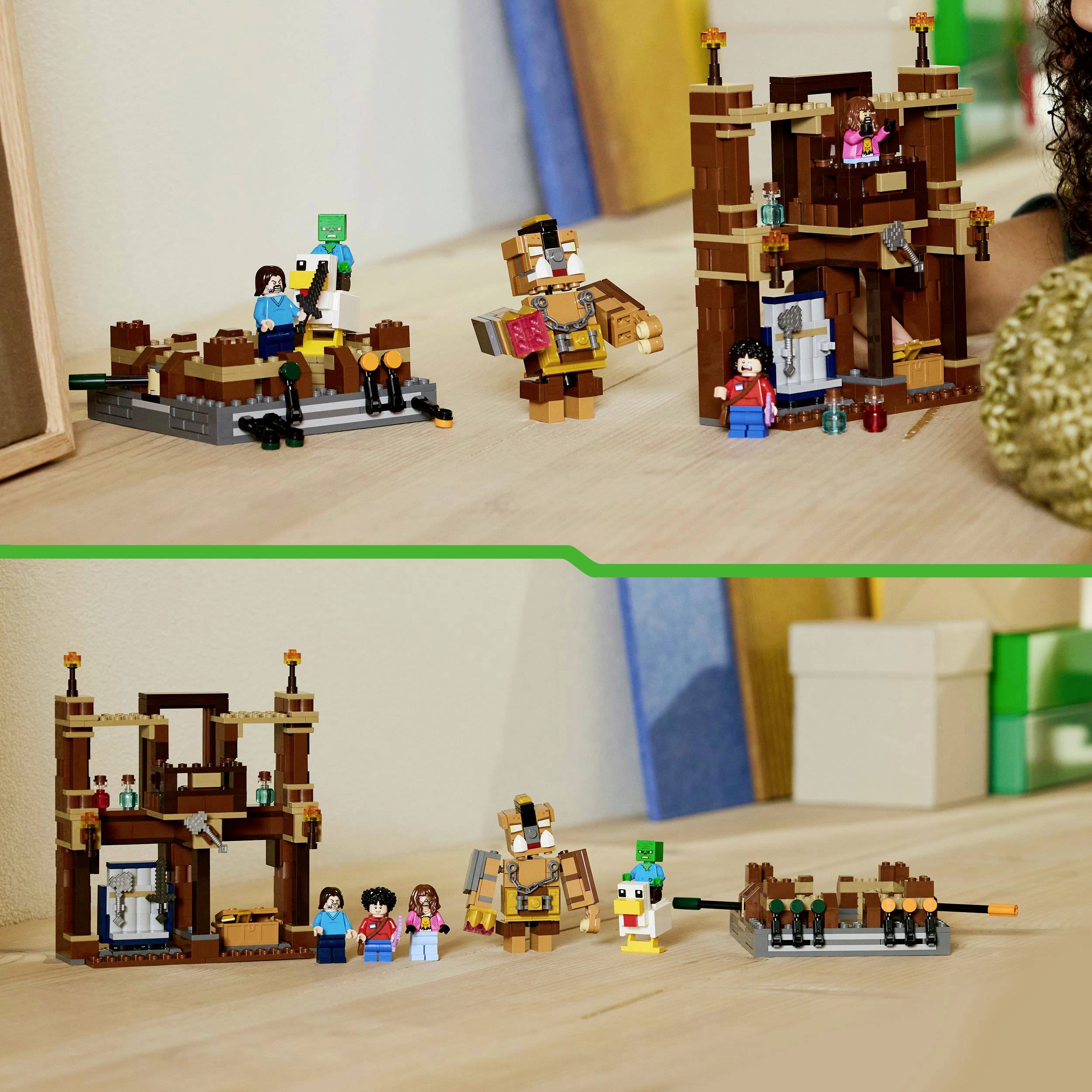 Zwei LEGO Minecraft Bausets auf einem Tisch. Oben links sind einige Charakterfiguren und Gebäude, die eine Minecraft-Szene darstellen.