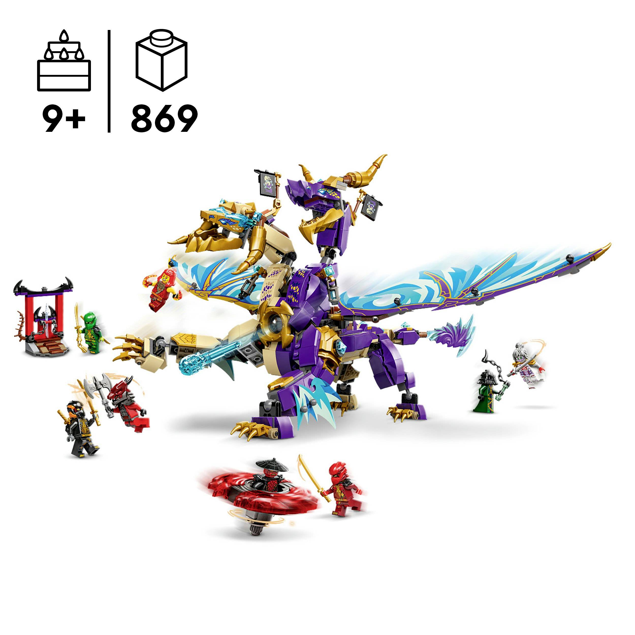 LEGO-Set ab 9 Jahren mit 869 Teilen: Ein großer, bunter Drache in lila-blau mit Flügeln und Zubehör; sechs Figuren, darunter Ninja-Kämpfer.