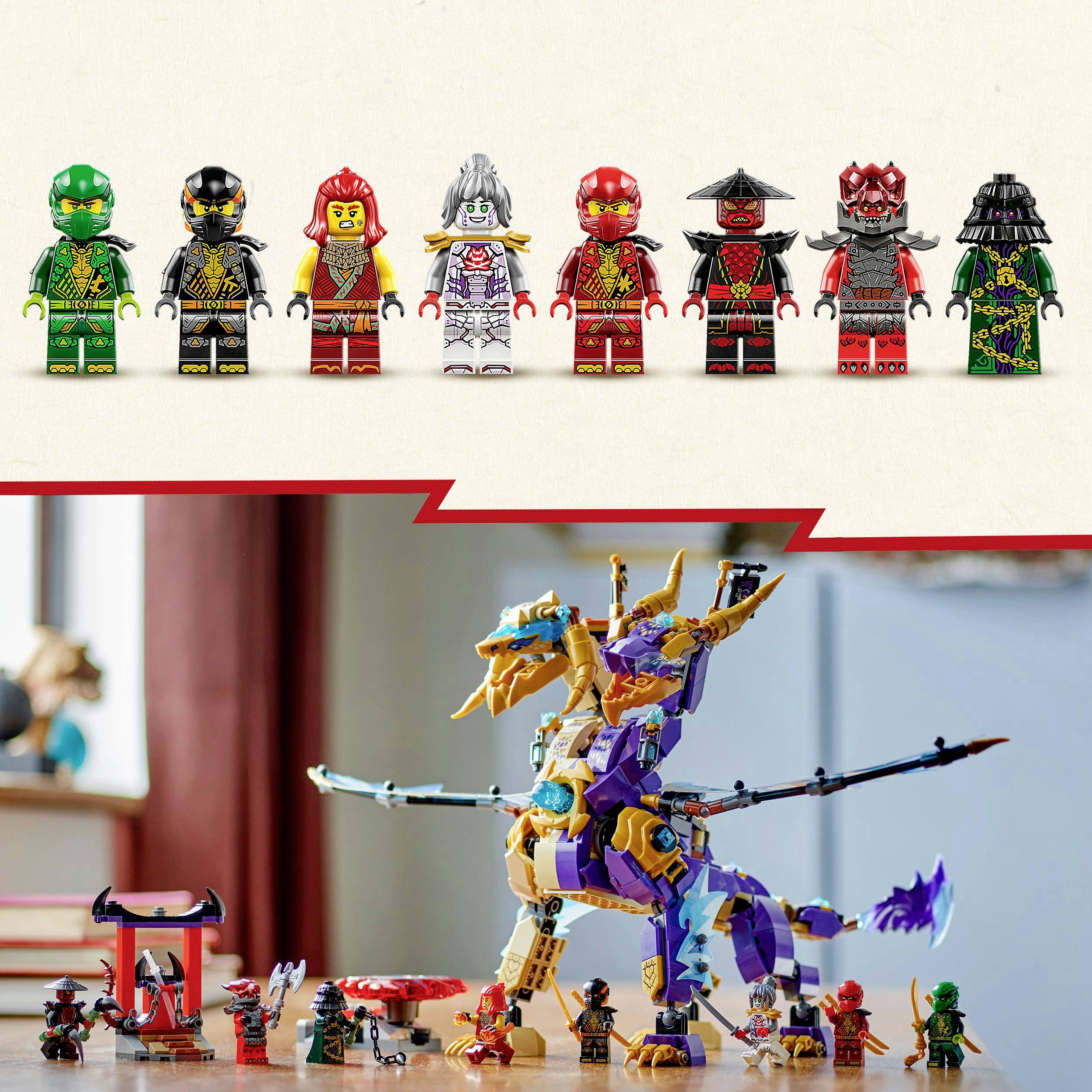 Lego-Set: Mehrere Ninjafiguren in Rüstungen. Unten ein großer, mehrfarbiger Drache mit Flügeln, von Figuren umgeben.