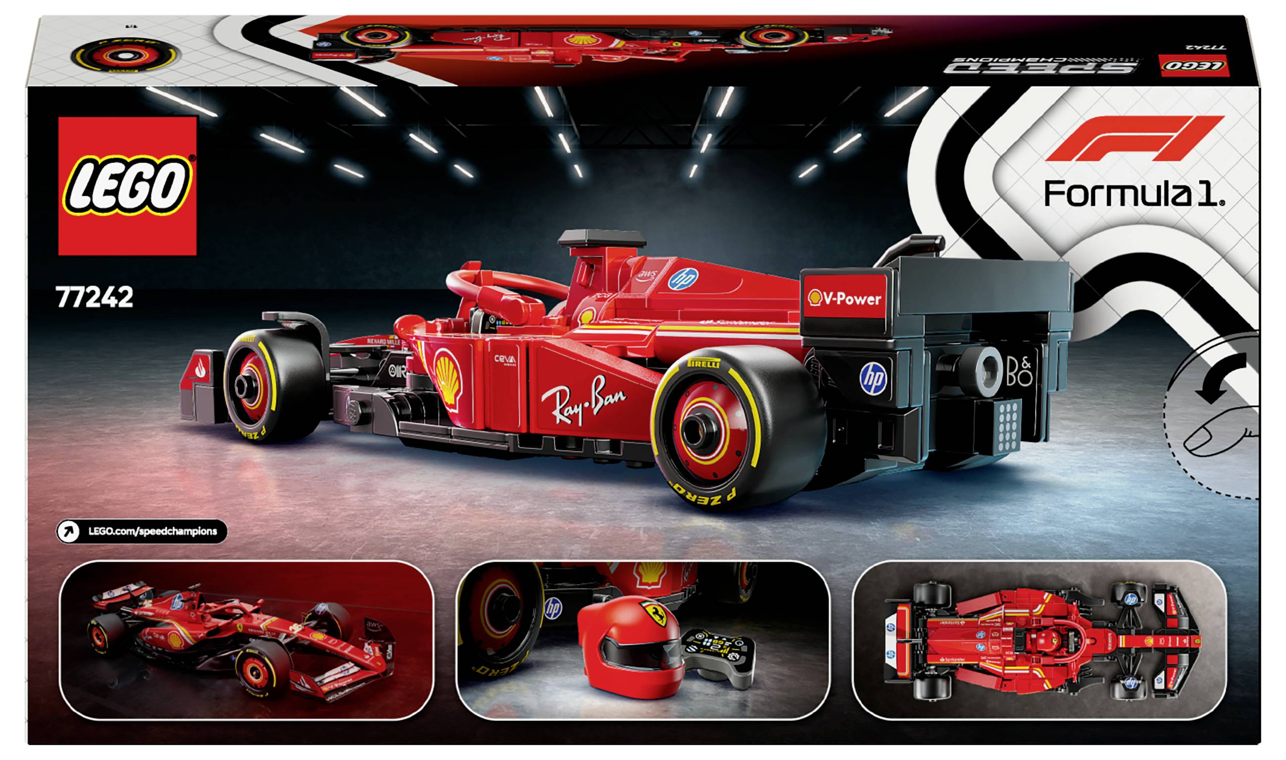 LEGO-Set eines roten Formel-1-Rennwagens mit Detailbildern des Modells, auf schwarzem Hintergrund mit LEGO- und F1-Logo.