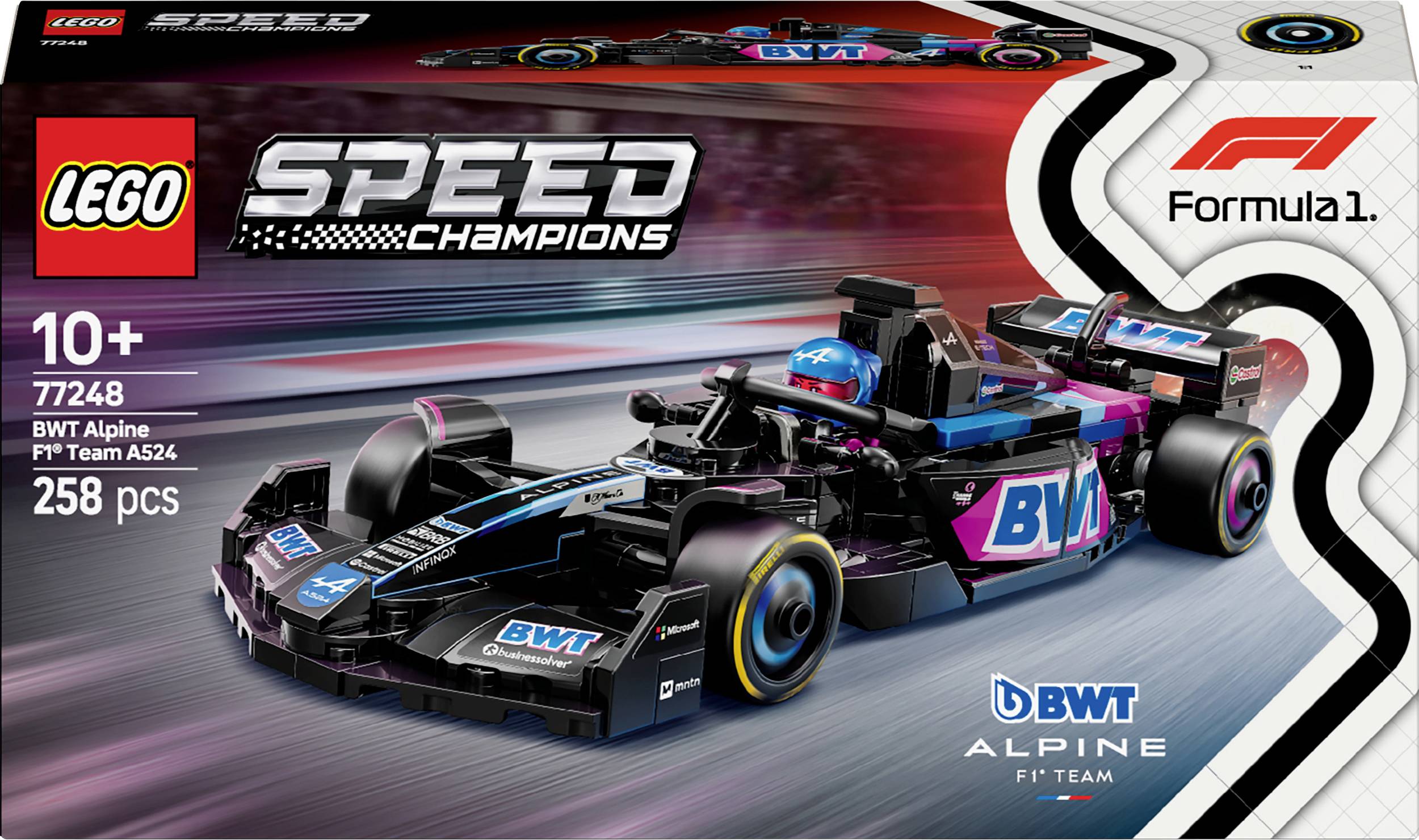 Das Bild zeigt das LEGO Speed Champions Set 'BWT Alpine F1 Team A524' mit 258 Teilen. Es ist ein F1-Rennauto für Kinder ab 10 Jahren.