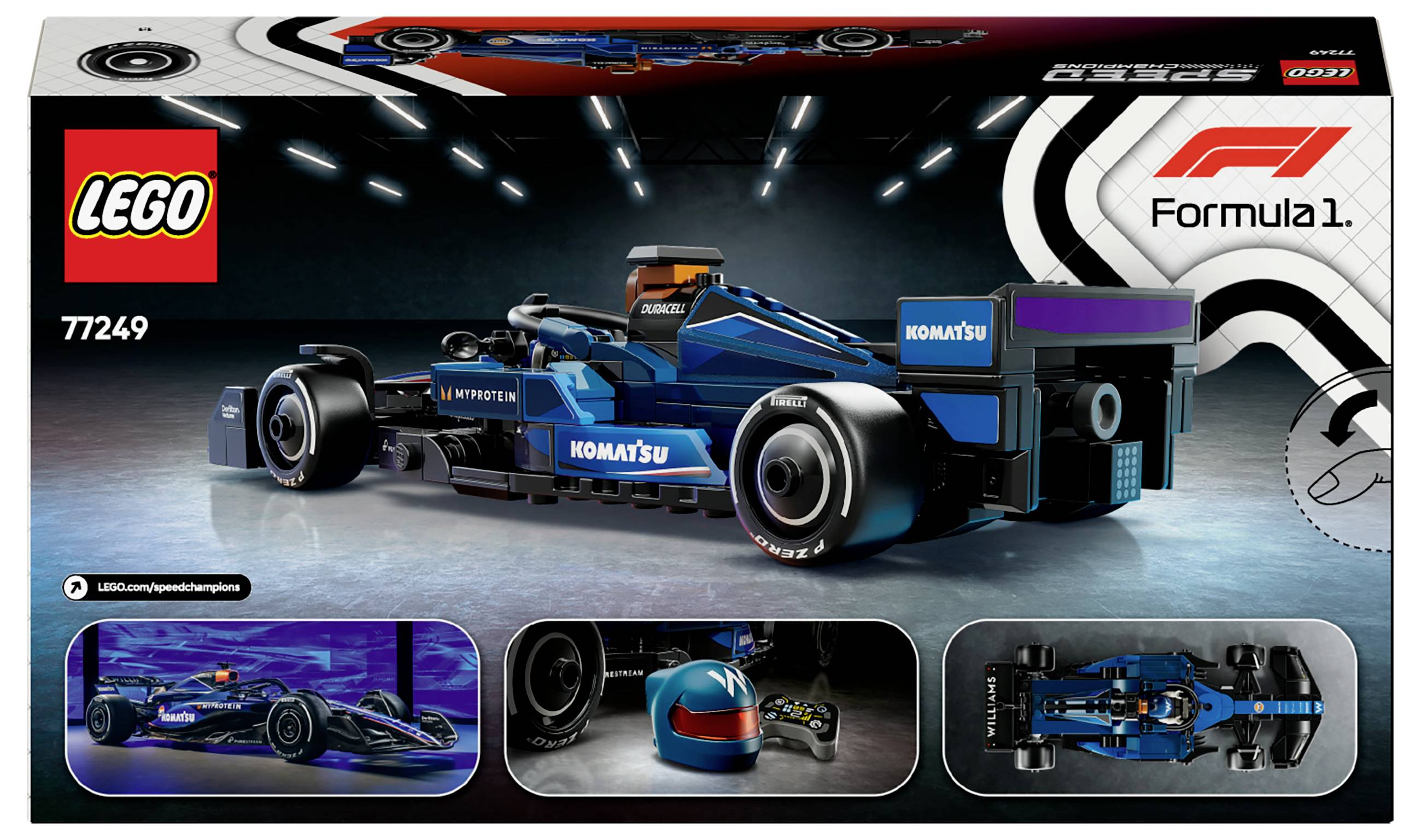 F1-Rennwagen-Modell aus LEGO (Set 77249) in Blau mit Komatsu-Branding. Enthält Minifigur mit Helm. Verpackungsdesign zeigt Auto, Helm und Autoansicht von oben.