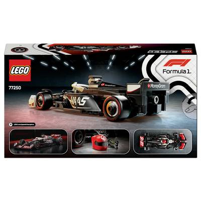 'LEGO Rennwagen 77250', schwarzer Formel-1-Wagen von oben und seitlich gezeigt, mit rotem Helm und weiteren Details zur Rennszene.