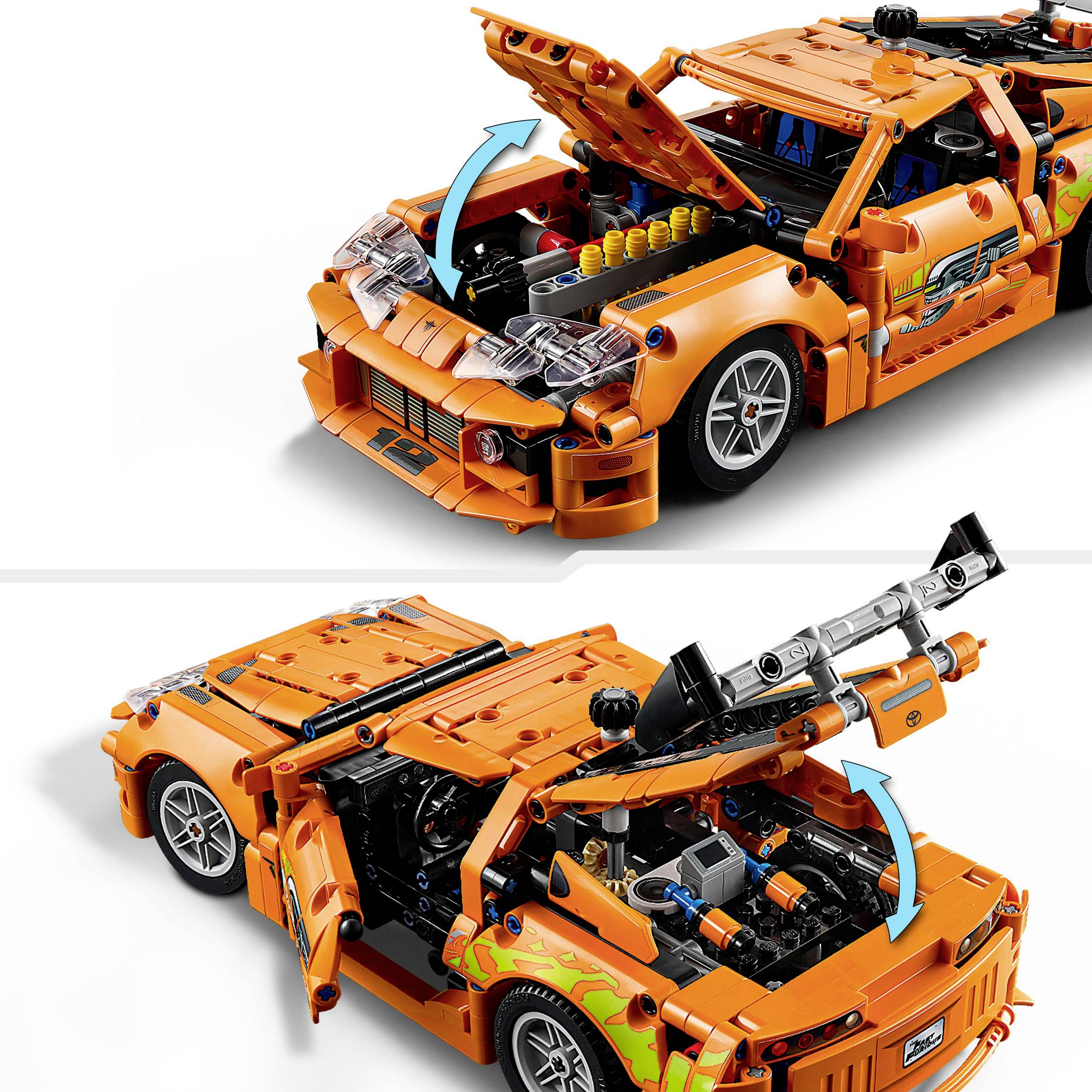 Ein orangefarbenes, detailliertes Modellauto mit offenen Motorhauben und Türen, das mechanische Details und Innenausstattung zeigt.