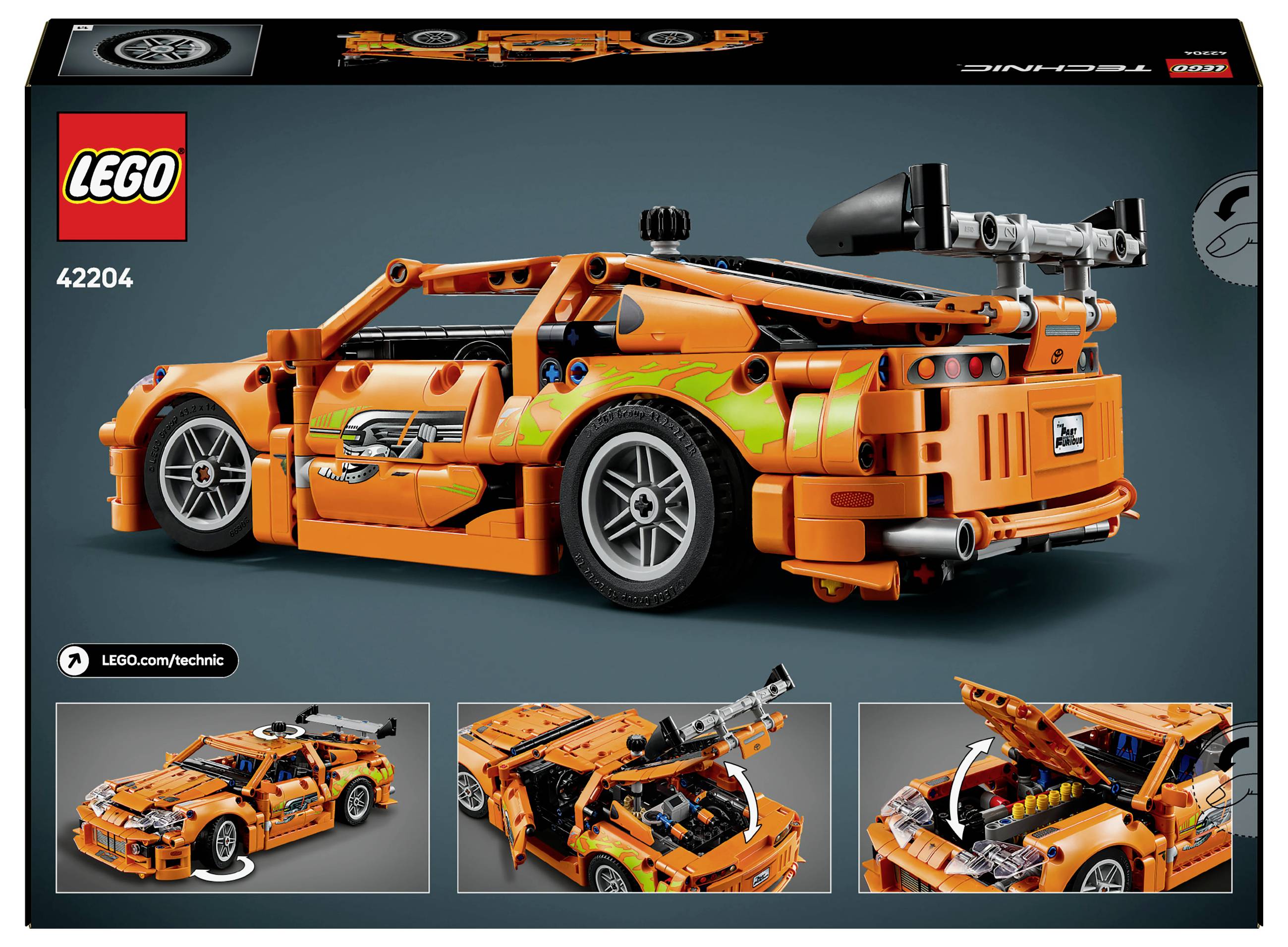 LEGO Technic 42104: Modell eines orangefarbenen Rennwagens mit Aufziehmotor, verstellbarem Heckspoiler und detaillierten Grafiken.