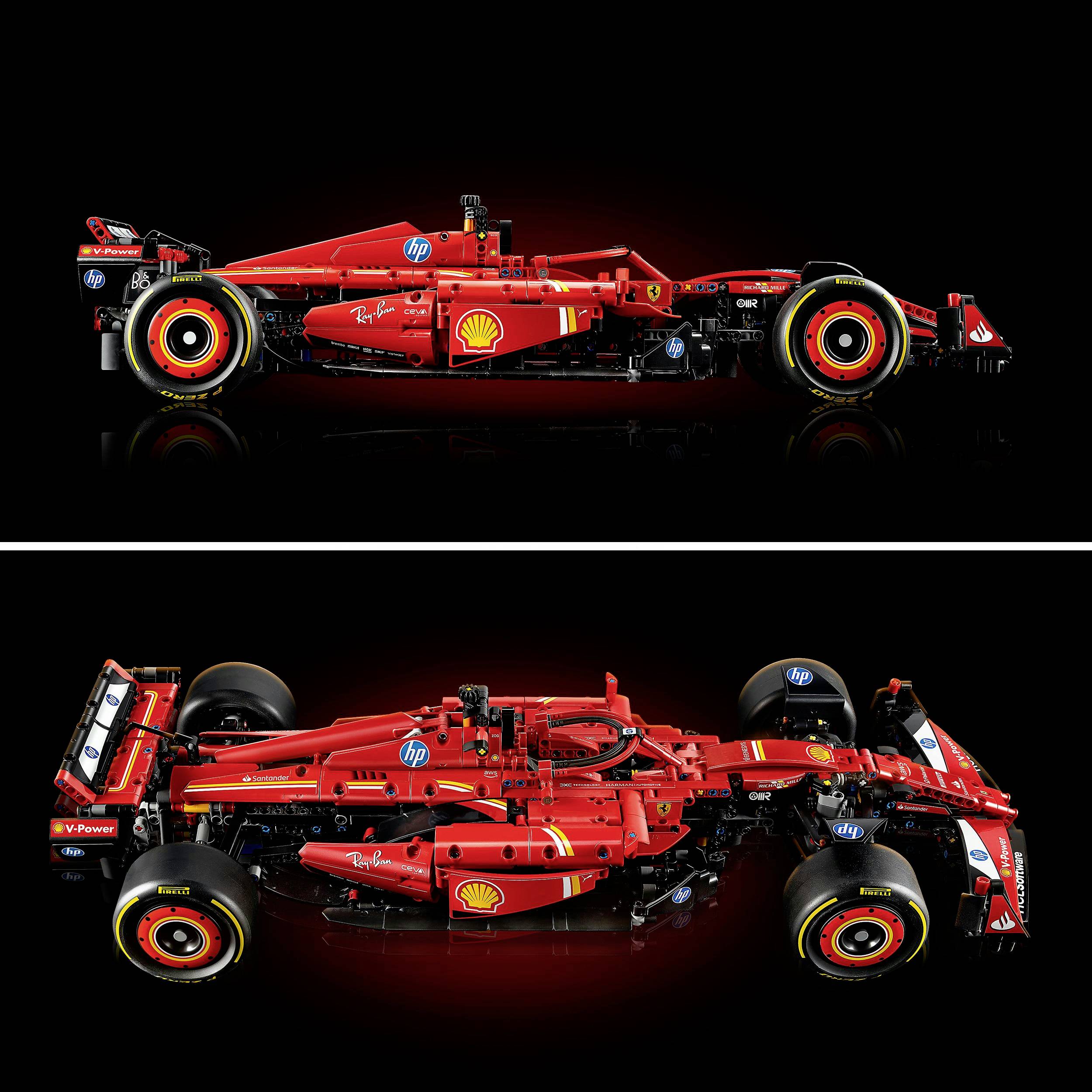 Ein rotes LEGO-Rennwagenmodell, im Profil gezeigt, mit Sponsorenlogos wie Shell und HP. Der Wagen ist detailliert und aerodynamisch.