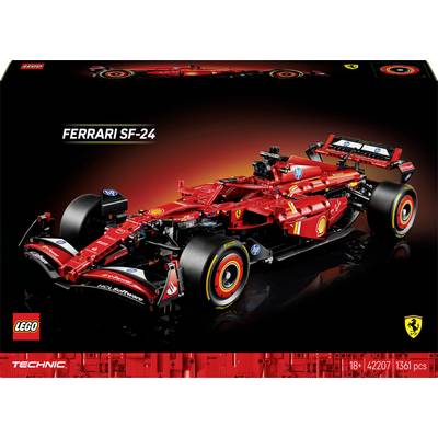 LEGO Technic-Set zeigt das Ferrari SF-24 Modellauto auf schwarzem Hintergrund. Enthält 1361 Teile, empfohlen ab 18 Jahren.