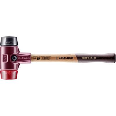 Hammer mit Holzgriff, schwarzem Metallkopf auf einer Seite und rotem Kunststoffkopf auf der anderen. Markiert mit 'SIMPLEX 50 Halder'.