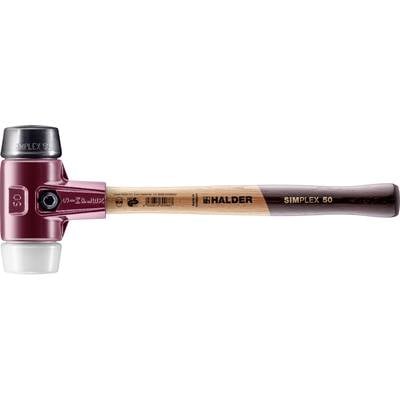Ein Hammer der Marke SIMPLEX mit rotem Kopf und Holzgriff. Der Kopf hat zwei flache Schlagflächen, eine aus Kunststoff und eine aus Gummi.