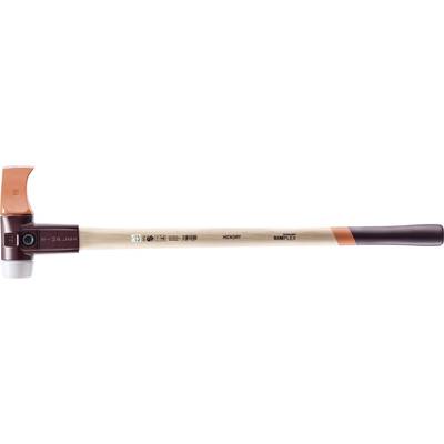 Holzhammer mit Kunststoffkopf und Orange-Details, ideal für schonende Arbeiten. Der Griff ist aus hellem Holz mit verschiedenen Aufdrucken.