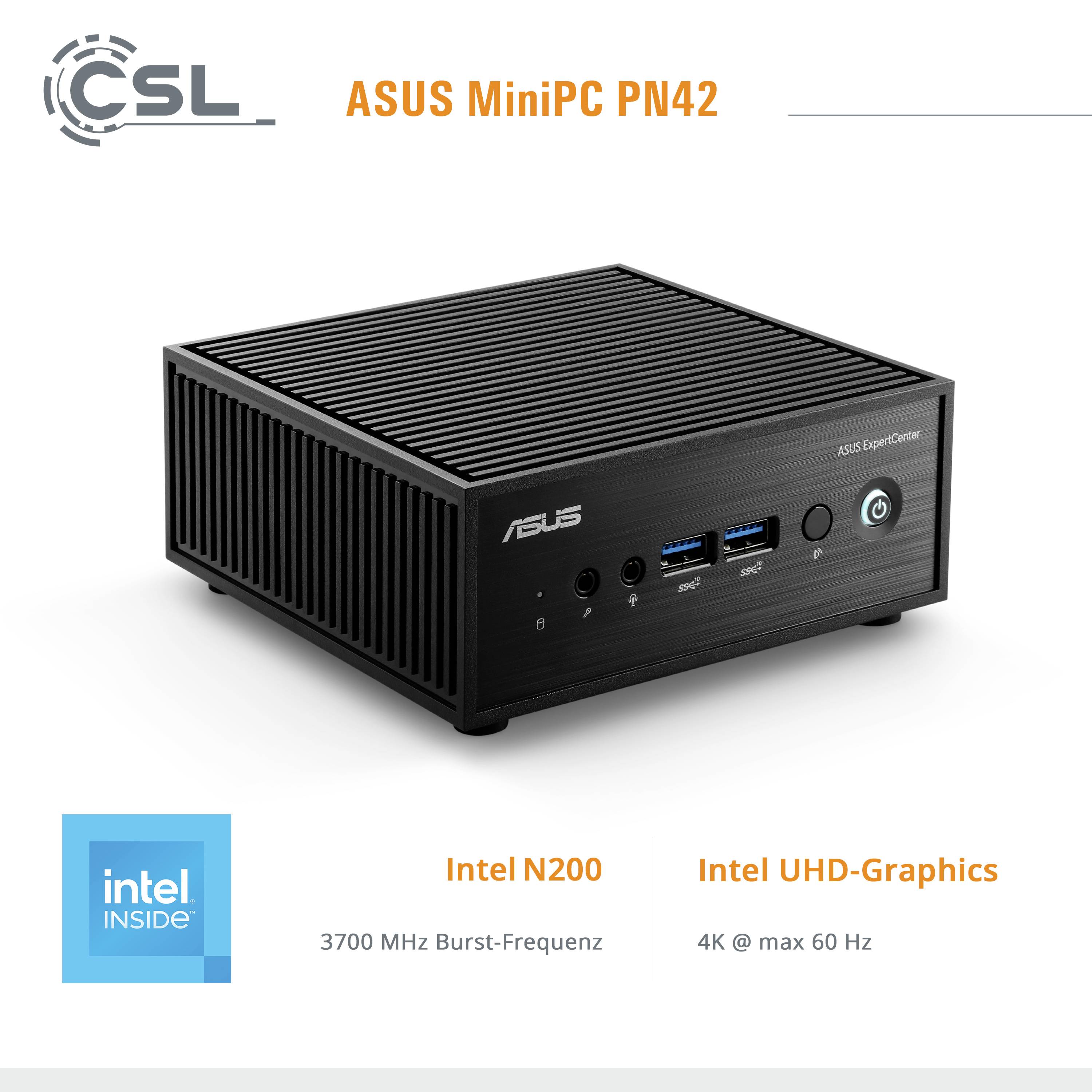'ASUS MiniPC PN42, ausgestattet mit einem Intel N200 Prozessor und Intel UHD-Grafik. Unterstützt 4K bei 60 Hz.'