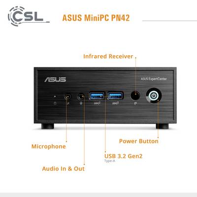 'ASUS MiniPC PN42' Vorderansicht. Zeigt Infrarotempfänger, USB-Anschlüsse, Mikrofon-/Audiobuchse, Netztaste, Beschriftungen zum ExpertCenter.