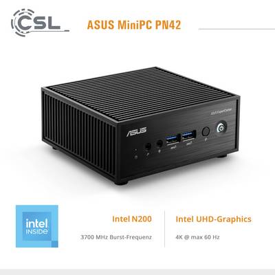 Kleiner schwarzer MiniPC ASUS PN42 mit Intel N200 Prozessor und UHD-Grafik. Unterstützt 4K bei 60 Hz. Markenlogos sichtbar.