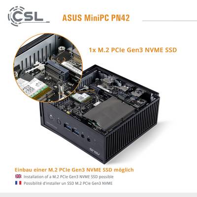 Ein ASUS MiniPC PN42 mit offenem Gehäuse zeigt einen eingebauten M.2 PCIe Gen3 NVME SSD. Text: 'Einbau einer M.2 PCIe Gen3 NVME SSD möglich'.