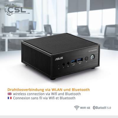 Ein schwarzer Mini-PC von ASUS steht auf einem Tisch. Text informiert über Drahtlosverbindung via WLAN und Bluetooth, unterstützt von Wifi 6E.