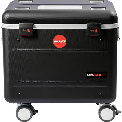 'Schwarze Transportbox mit Rollen, Markenlogo "PARAT" auf der Vorderseite, zwei Schnallen zur Sicherung, geeignet für den Geräte-Transport.'