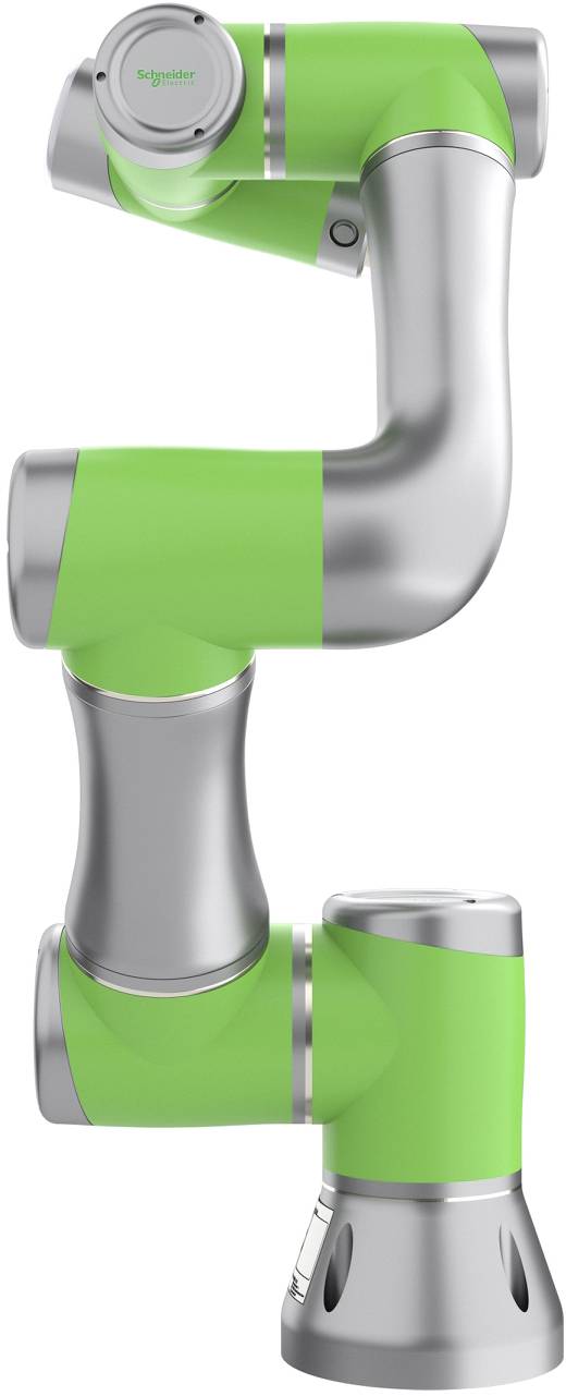 Grüner und silberner kollaborativer Roboterarm mit mehreren Gelenken, entworfen für flexible industrielle Anwendungen.