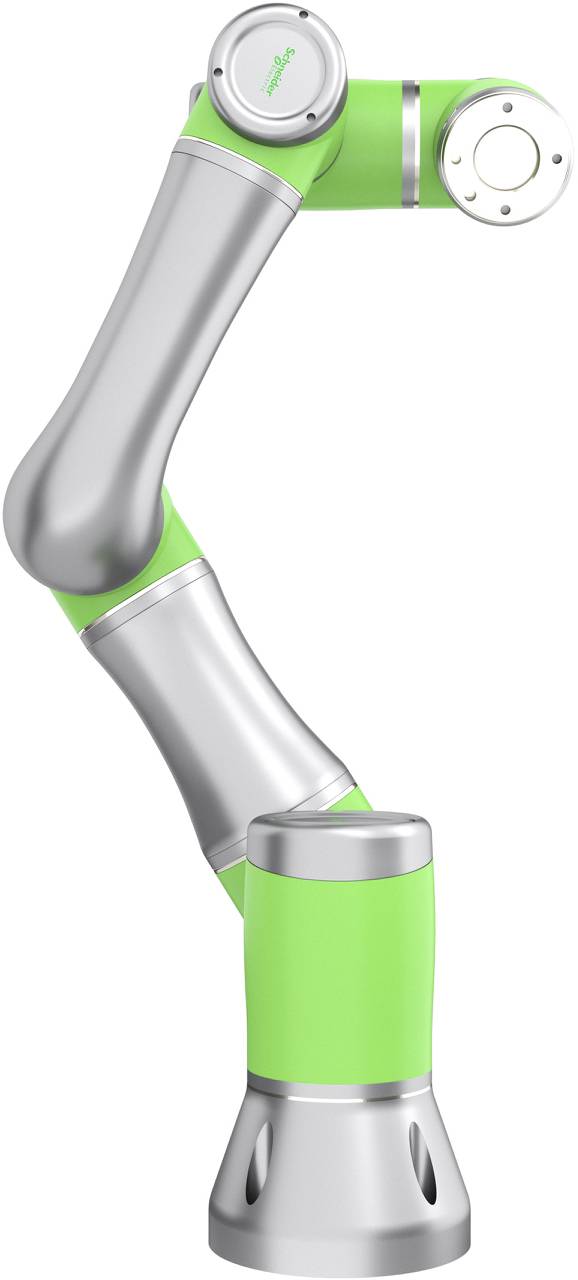 Ein grüner und silberner Roboterarm in vier Segmenten, beweglich und für industrielle Anwendungen konzipiert.