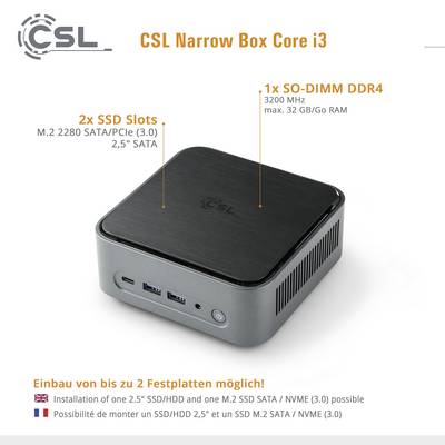 'CSL Narrow Box Core i3' Mini-PC mit 2x SSD-Slots, 1x SO-DIMM DDR4 bis 32 GB. Unterstützt M.2 und 2,5" SATA Speicheroptionen.
