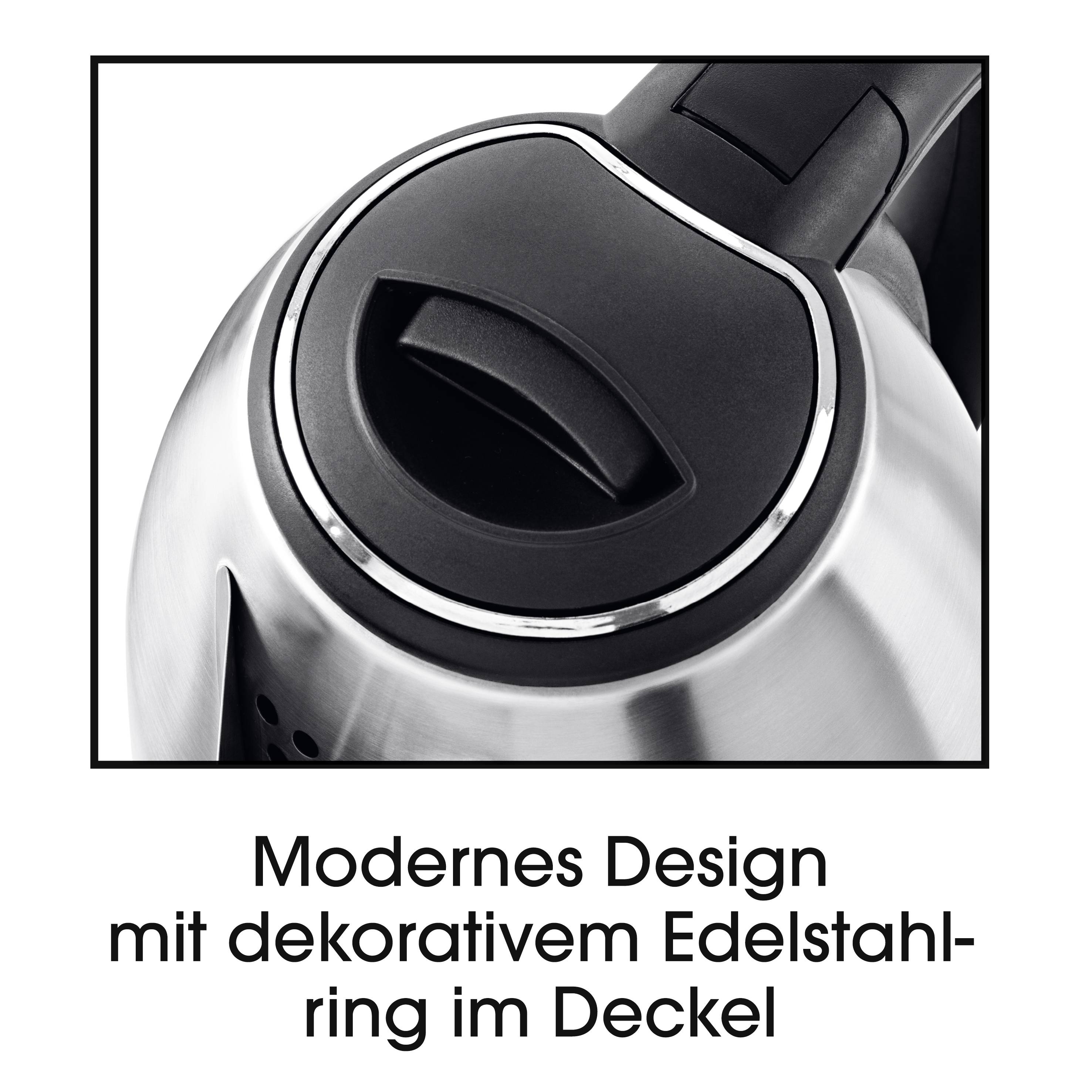 Ein Wasserkocher in modernem Design mit einem dekorativen Edelstahlring im Deckel.