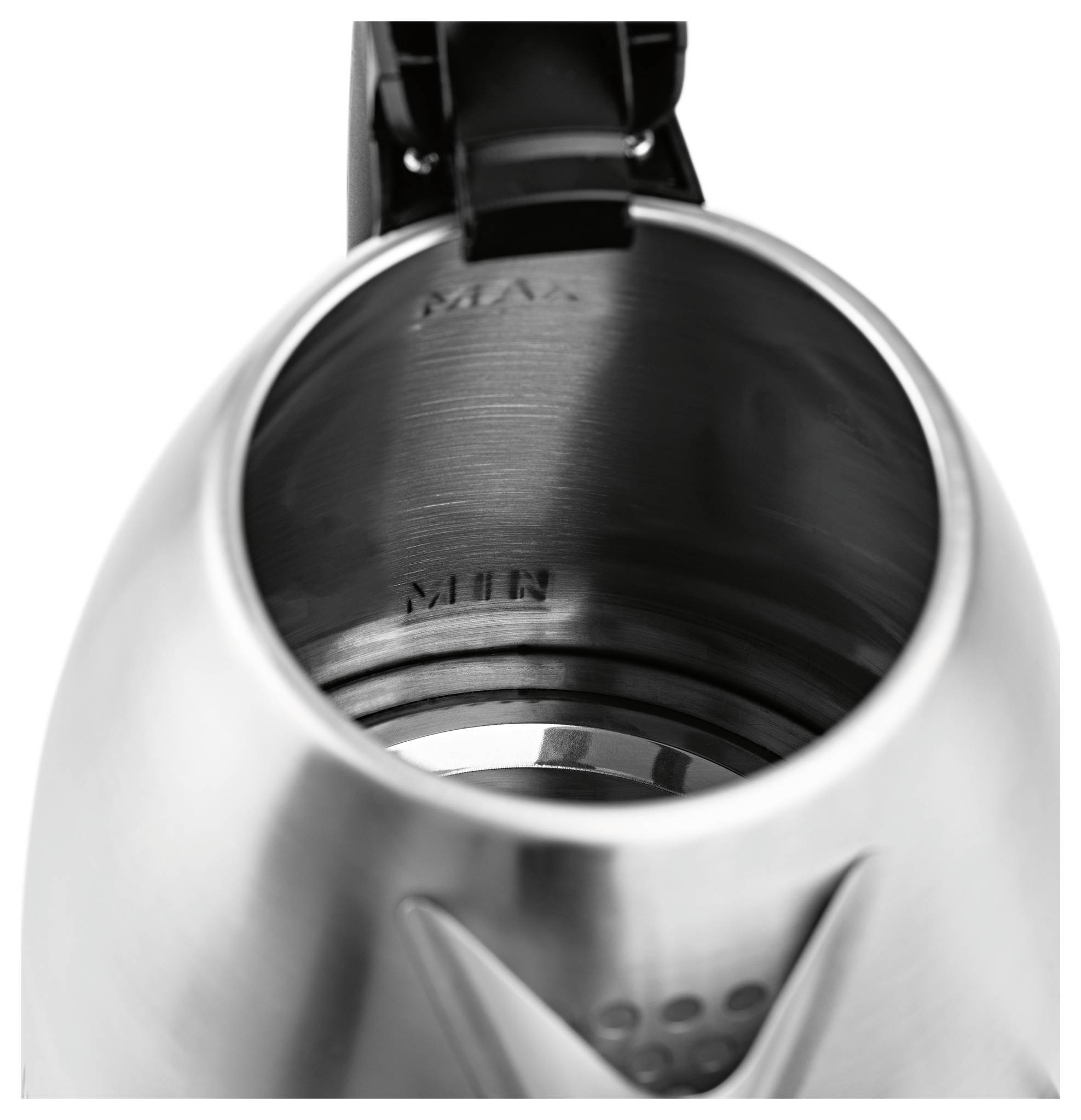 Ein Edelstahlkessel von oben gesehen, mit Markierungen für maximale und minimale Füllstände im Inneren.