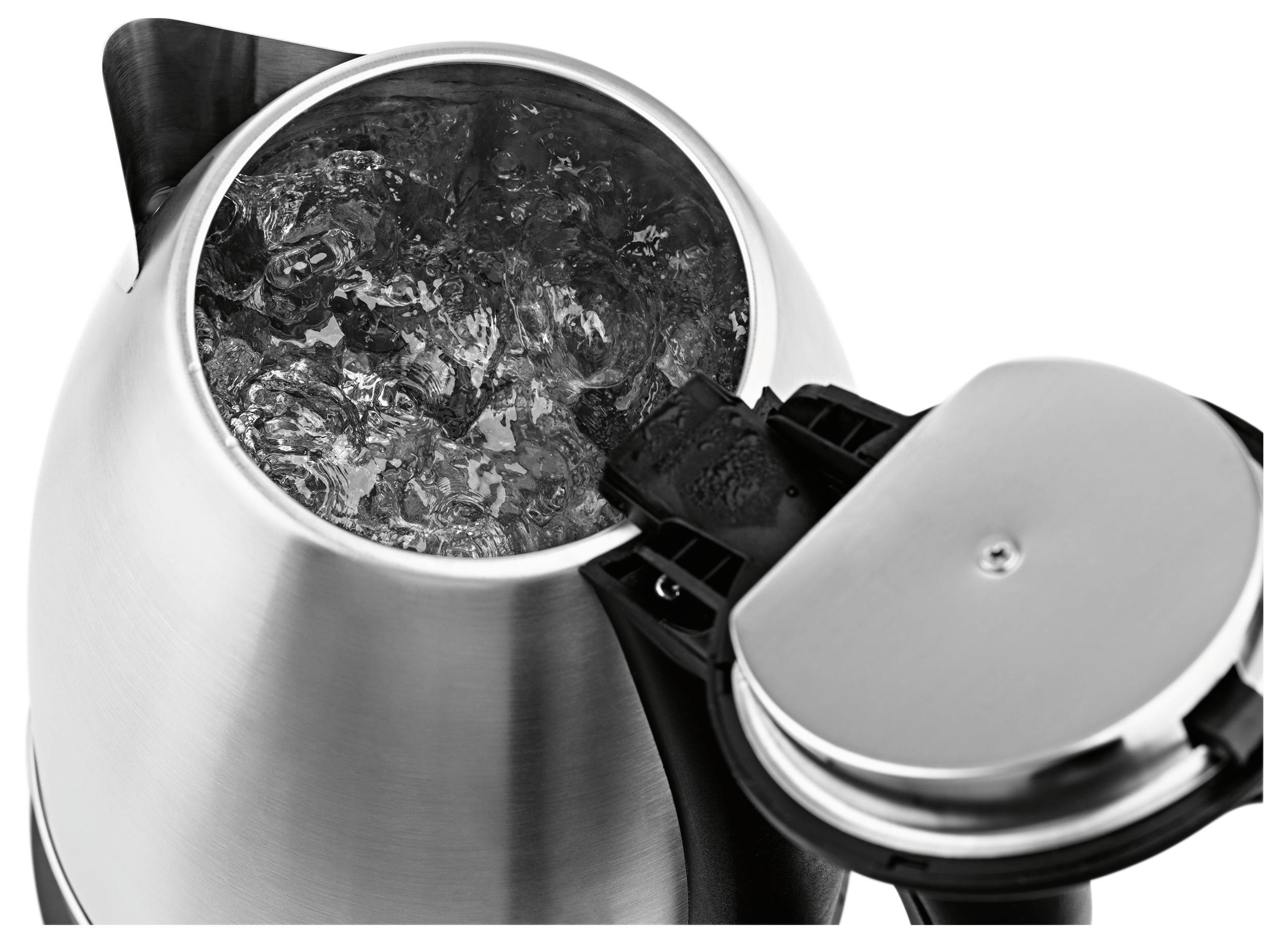 Ein Wasserkocher mit geöffnetem Deckel zeigt kochendes Wasser. Der Wasserkocher ist aus Metall und modern gestaltet.