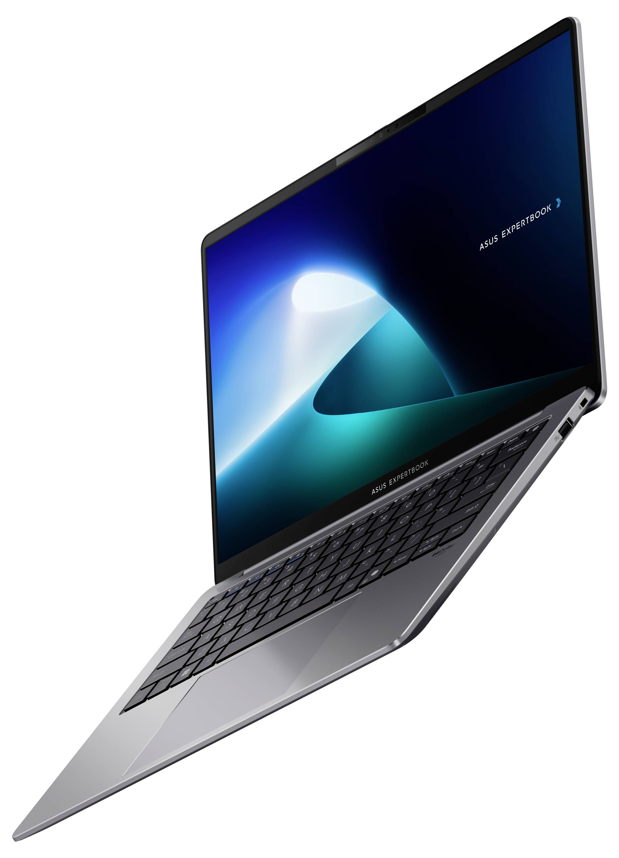 Ein schlanker Laptop mit beleuchtetem Bildschirm zeigt das Bild eines abstrakten blauen und schwarzen Designs.
