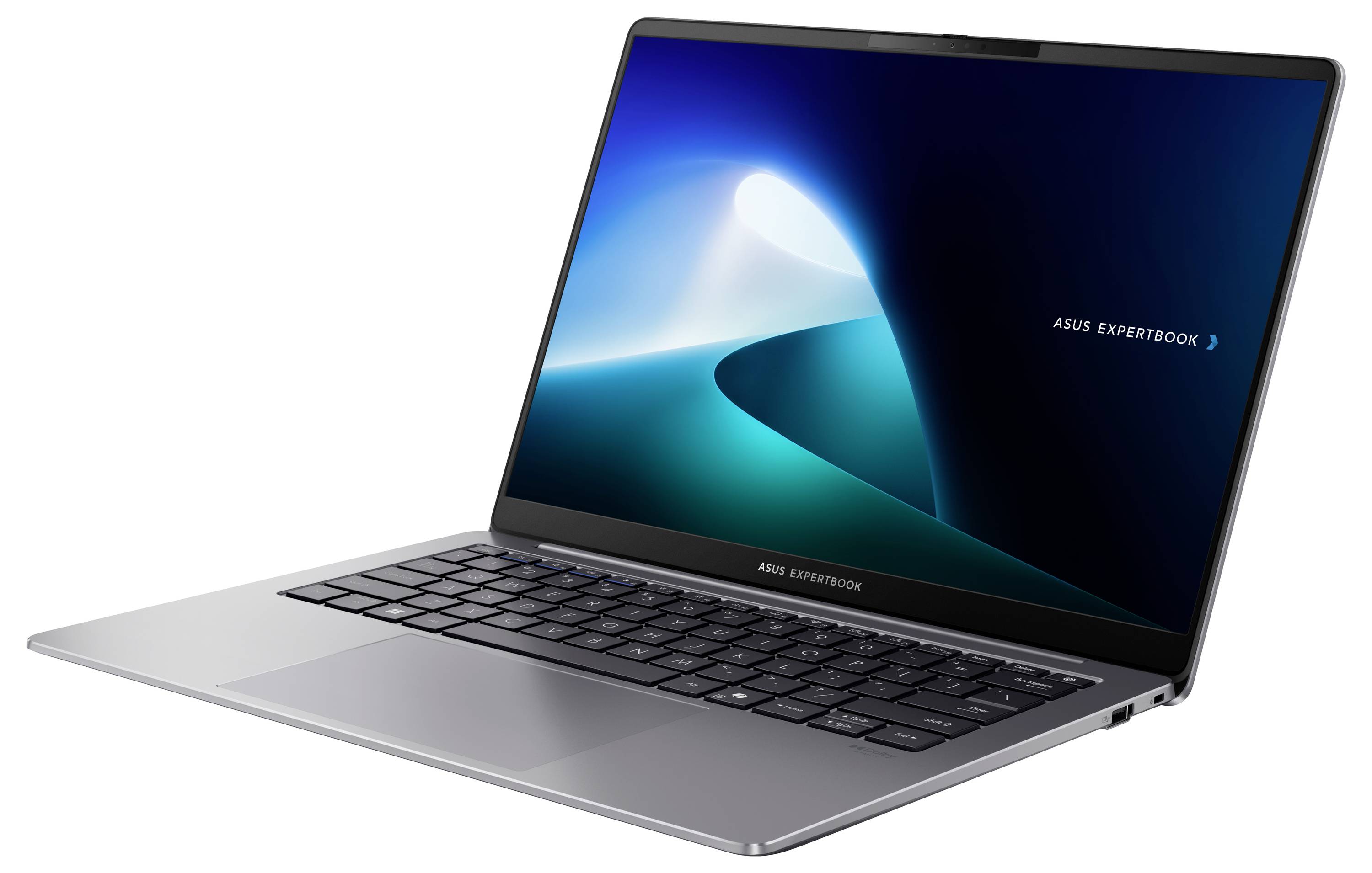 Ein aufgeklappter Laptop zeigt einen blauen Bildschirm mit dem Text 'ASUS ExpertBook', präsentiert sich in einem modernen Design.