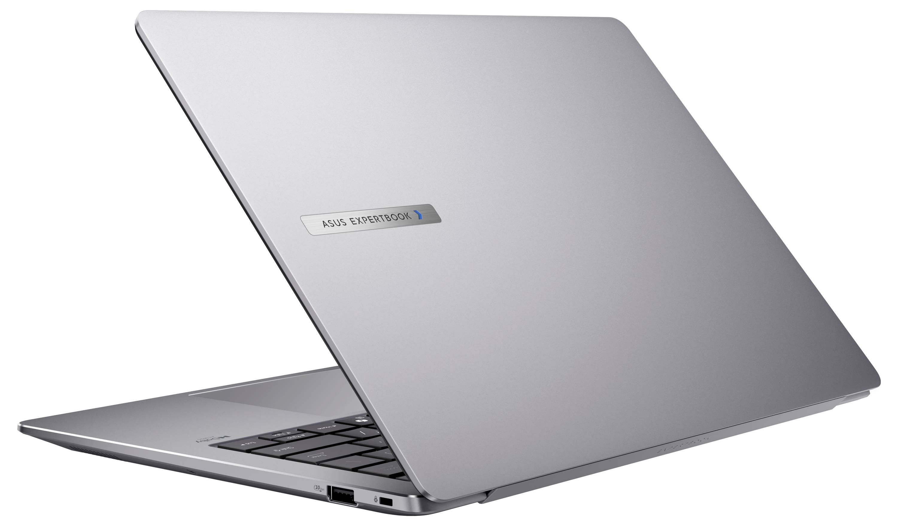 Ein silberner Laptop, teils offen, mit der Aufschrift 'ASUS' auf dem Bildschirmdeckel. Moderner, schlanker Designstil.