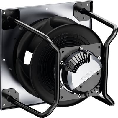 Schwarze Wandlüftung mit Metallrahmen. Großer Ventilator in rechteckigem Gehäuse, montiert an einer silbernen Wandplatte.