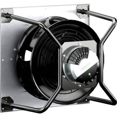 Industrieventilator mit Schutzgitter und Motor, montiert auf einer Metallplatte. Geeignet für Luftzirkulation und Belüftungssysteme.