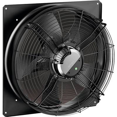 Ein schwarzer, wandmontierter Ventilator mit Gitterabdeckung, geeignet für industrielle Belüftung.