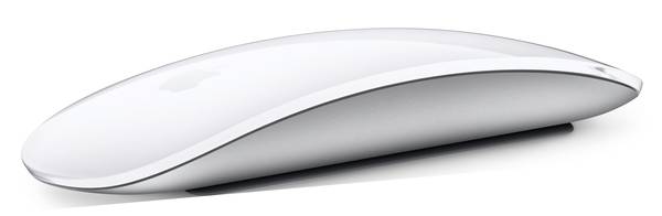 Auf diesem Bild sieht man eine Apple Magic Mouse von der Seitenansicht.