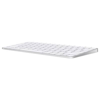 Kabellose weiße Tastatur mit flachem Design auf weißem Hintergrund, zeigt eine seitliche Ansicht.
