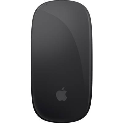Schwarze kabellose Maus mit glatter Oberfläche und einem kleinen Apple-Logo unten in der Mitte.