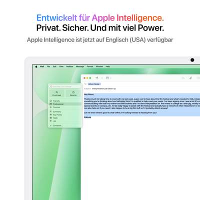 Ein Computerbildschirm zeigt eine E-Mail-Oberfläche. Darüber steht: 'Entwickelt für Apple Intelligence' in bunten Buchstaben.