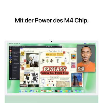 Ein Computerbildschirm zeigt eine Fantasy-Spieloberfläche mit einem Videoanruffenster. Text oben: 'Mit der Power des M4 Chip.'