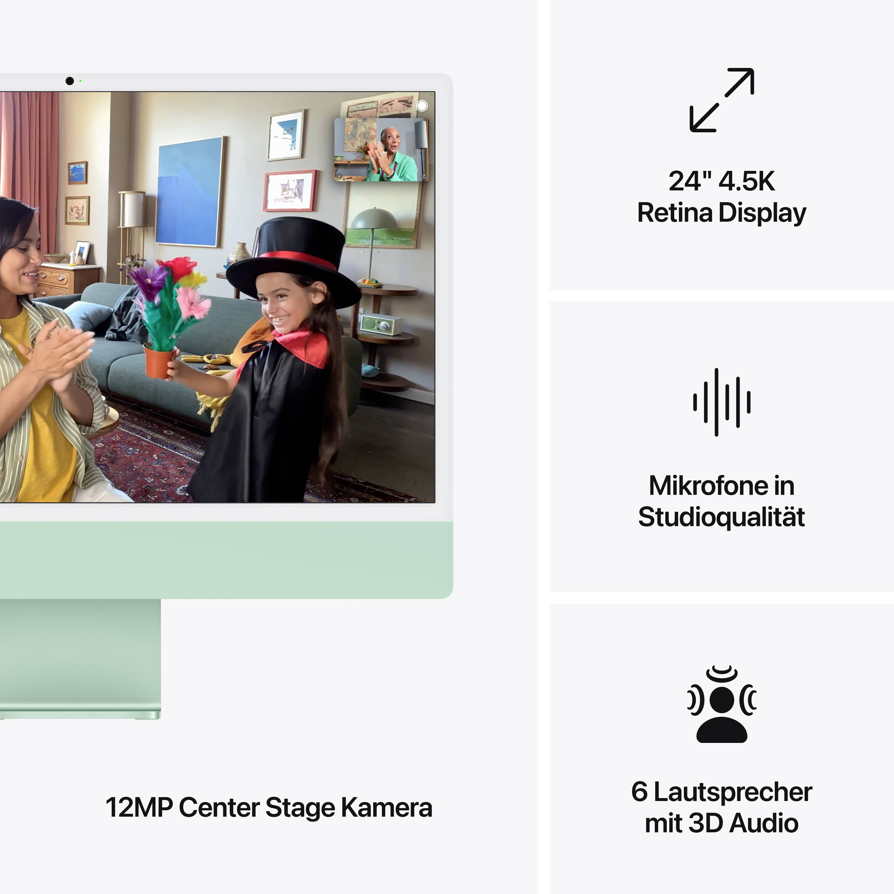 Ein Monitor mit 24" 4.5K Retina Display zeigt ein Bild von zwei Kindern beim Spielen. Merkmale: 12MP Kamera, Mikrofonqualität, 6 Lautsprecher mit 3D Audio.